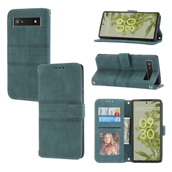For Google Pixel 6A Flip Case, Premium PU Leather Folio Flip with Design Card Slots Wrist Strap Shockproof Kickstand Magnetic Protective Girls Cover For Google Pixel 6A, Darkgreen