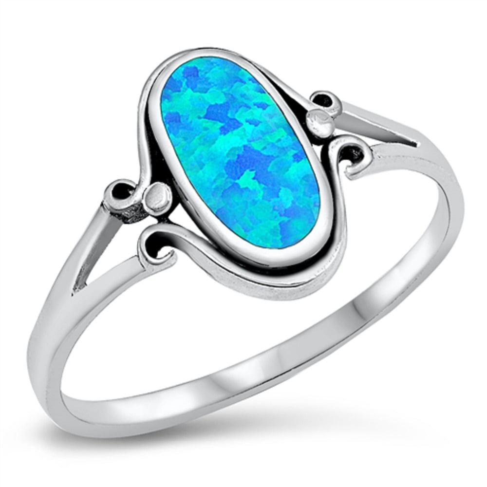 Oval Ring Genuine Sterling Silver 925 Blue Lab Opal Face Height 6 mm Size 7 