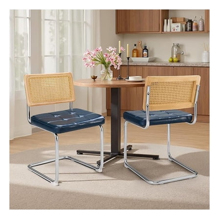 Century - Upholstered Rattan Dining Chairs Set of 2 - Faux Leather Kitchen Dining Room Chair with Cane Back Metal Legs (Blue)