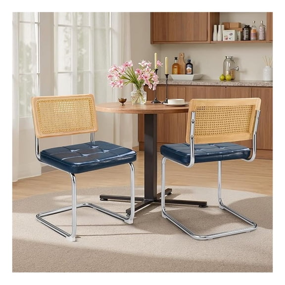 Century - Upholstered Rattan Dining Chairs Set of 2 - Faux Leather Kitchen Dining Room Chair with Cane Back Metal Legs (Blue)