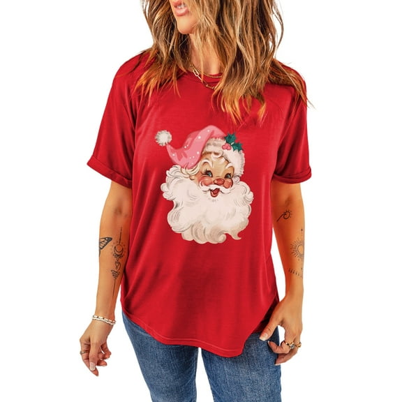 Women's Red Christmas Santa Claus Print Crew Neck T-Shirt - [ZhiHiMeRi] | (US 20-22)2XL