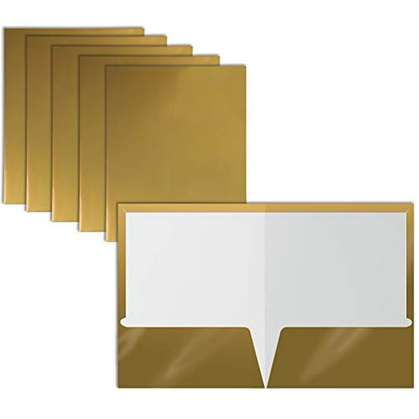 2 Pocket Glossy Laminated Metallic Gold Paper Folders, Letter Size, 25