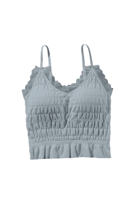 Women's Smocked Crop Top Lace Trim Padded Sleeveless Layering Tank Spaghetti Strap Ruffle Hem Cami Tops