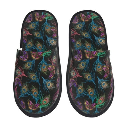 Balery Feathers And Butterflies Slient Indoor Furry Fleece Comfort House Shoes Soft Non-Slip Home Shoes Cotton slippers House Slippers-- Large