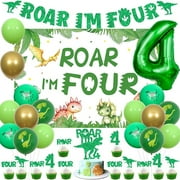 Dinosaur 4th Birthday Decorations, Roar I’m Four Backdrop Banner Cake Topper Cupcake Toppers Balloons for Boys 4 Years Old Birthday Party Supplies