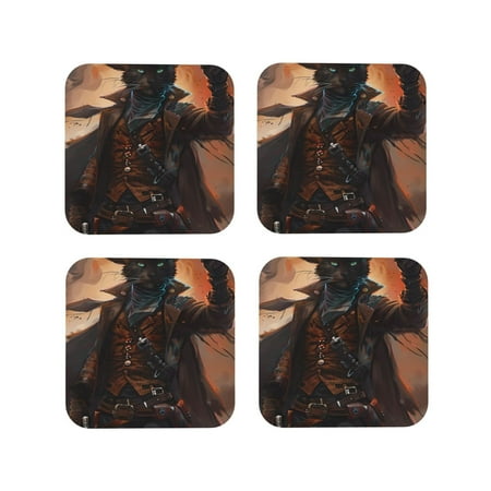 

Honeii Steampunk Cowboy Cat Print Leather Coaster Set of 4 Ideal for Safeguarding Your Furniture from Drinks Spills and Effortless Cleanup-Square