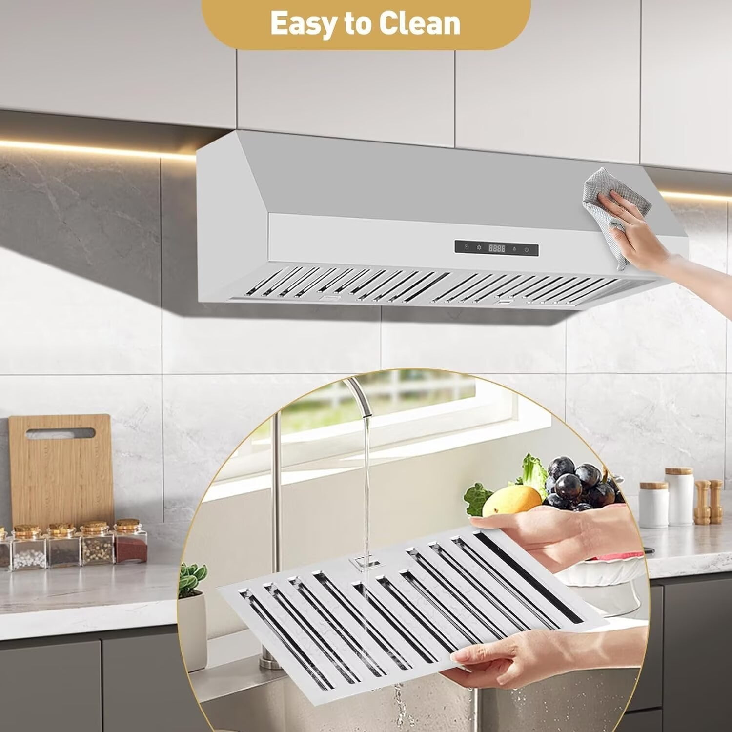 BENESKY 30 Inch Range Hood for Under Cabinet Stainless Steel 3-Speed Exhaust Fan, Touch Screen, Dishwasher Safe Baffle Filters, LED Lamps, 400 Max Blower CFM, Low Noise for Kichten
