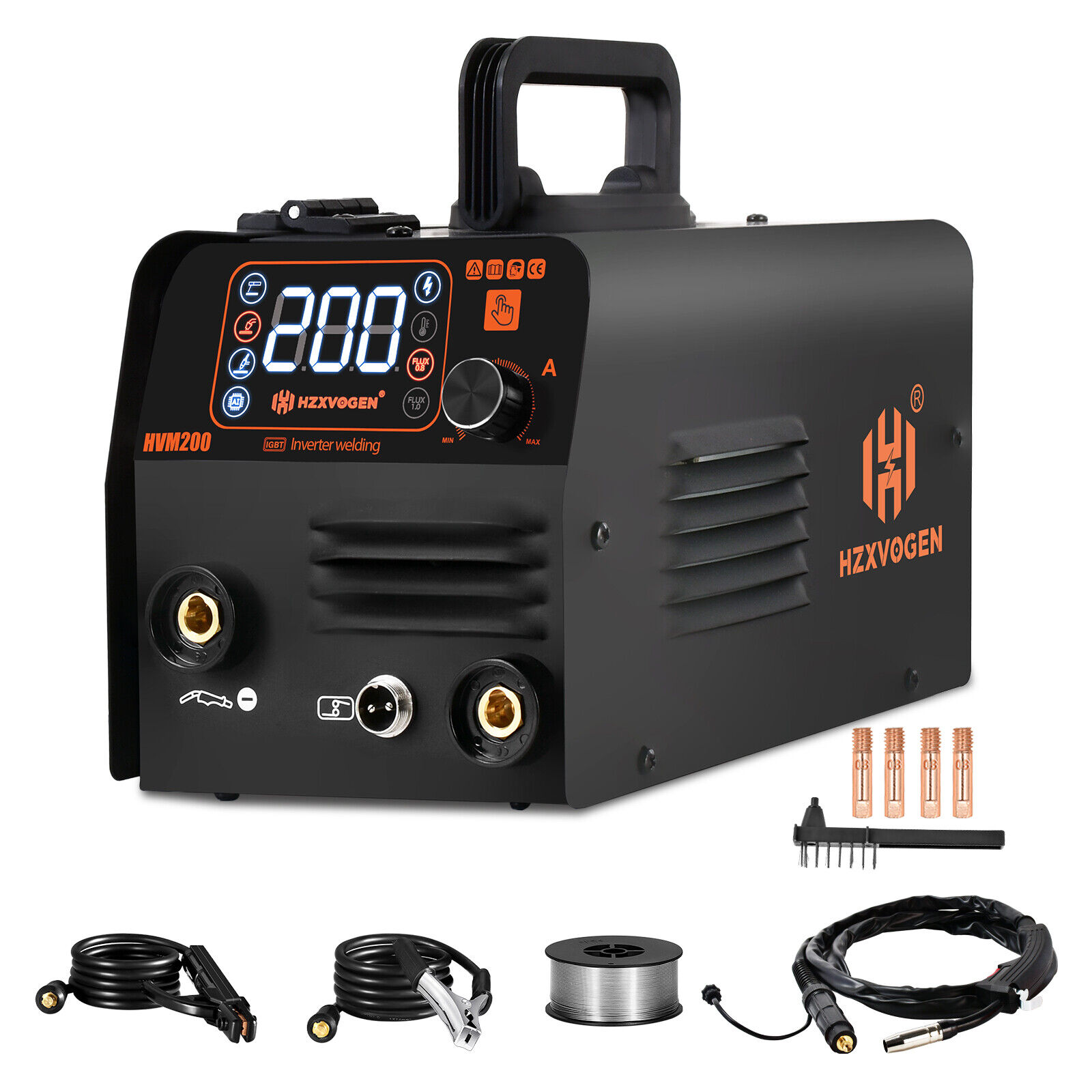 H HZXVOGEN 200A Gasless MIG Welder, 3-in-1 Flux Core/Lift TIG/MMA, 110V Portable IGBT Inverter with Digital Display, HVM200