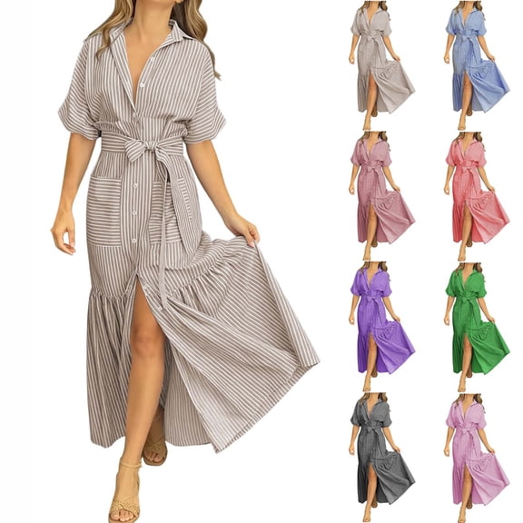 Women's Summer Casual Striped Button Down Maxi Dress Tie Waist Short Sleeve Shirt Dress with Pockets with Slit Front Red