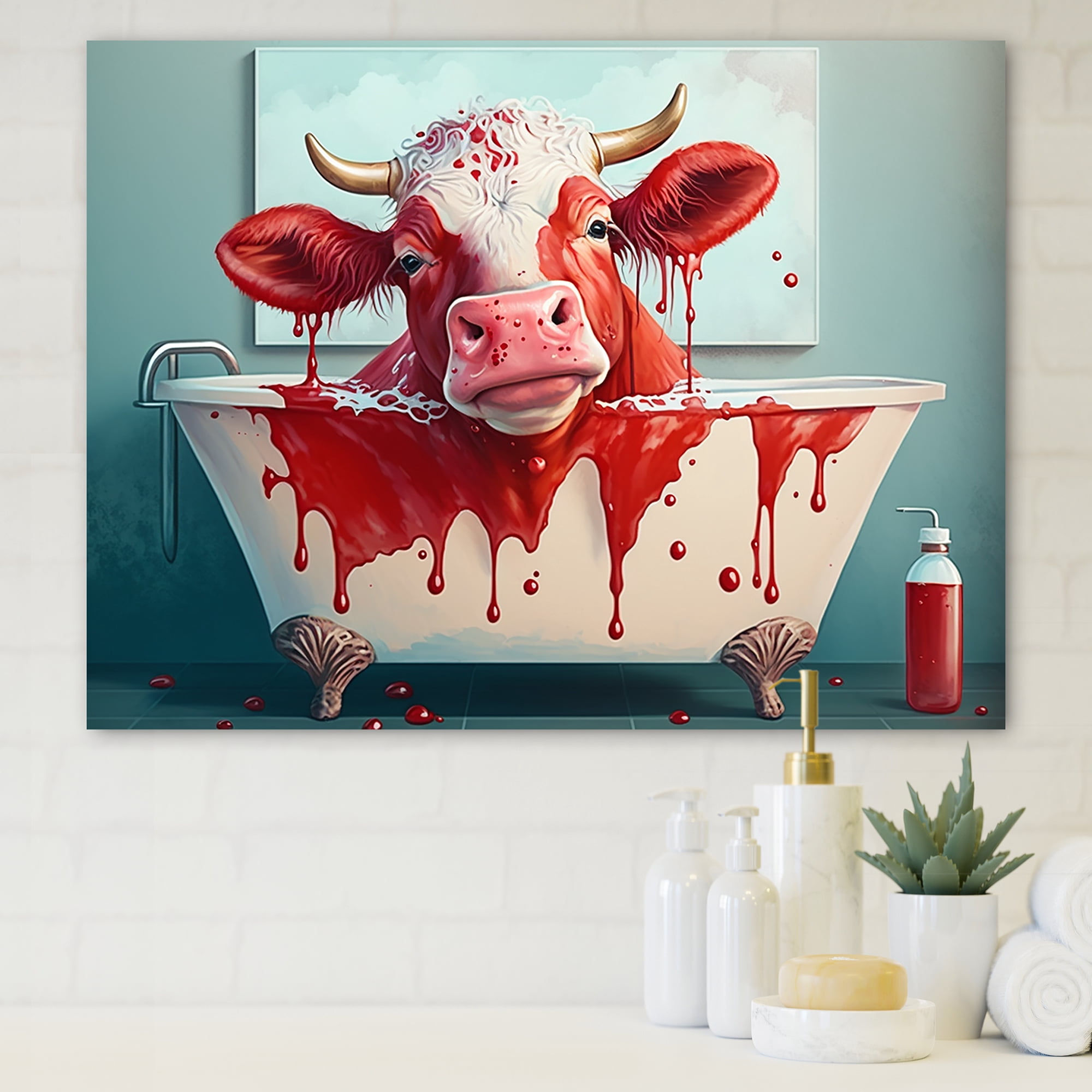 Designart Funny Red Cow In The Tub Canvas Wall Art