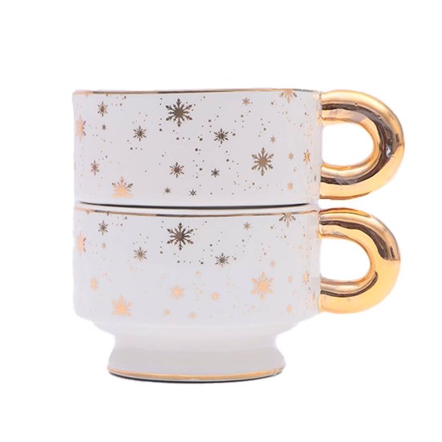 Tazas Holiday Time Apilable Decoradas Asa Dorada Juego 2 Piezas
