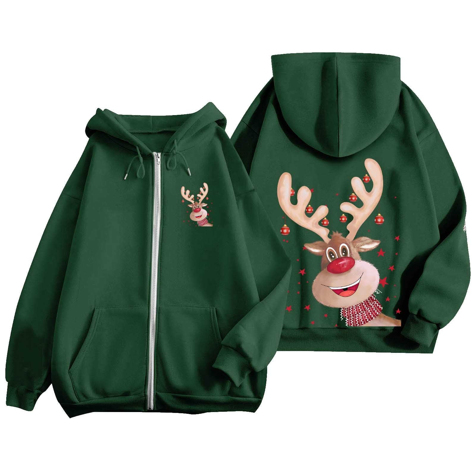 Ugly Christmas Hoodies for Women Zip Up Xmas Graphic Print Fleece Hooded Sweatshirts Funny Holiday Party Casual Jackets