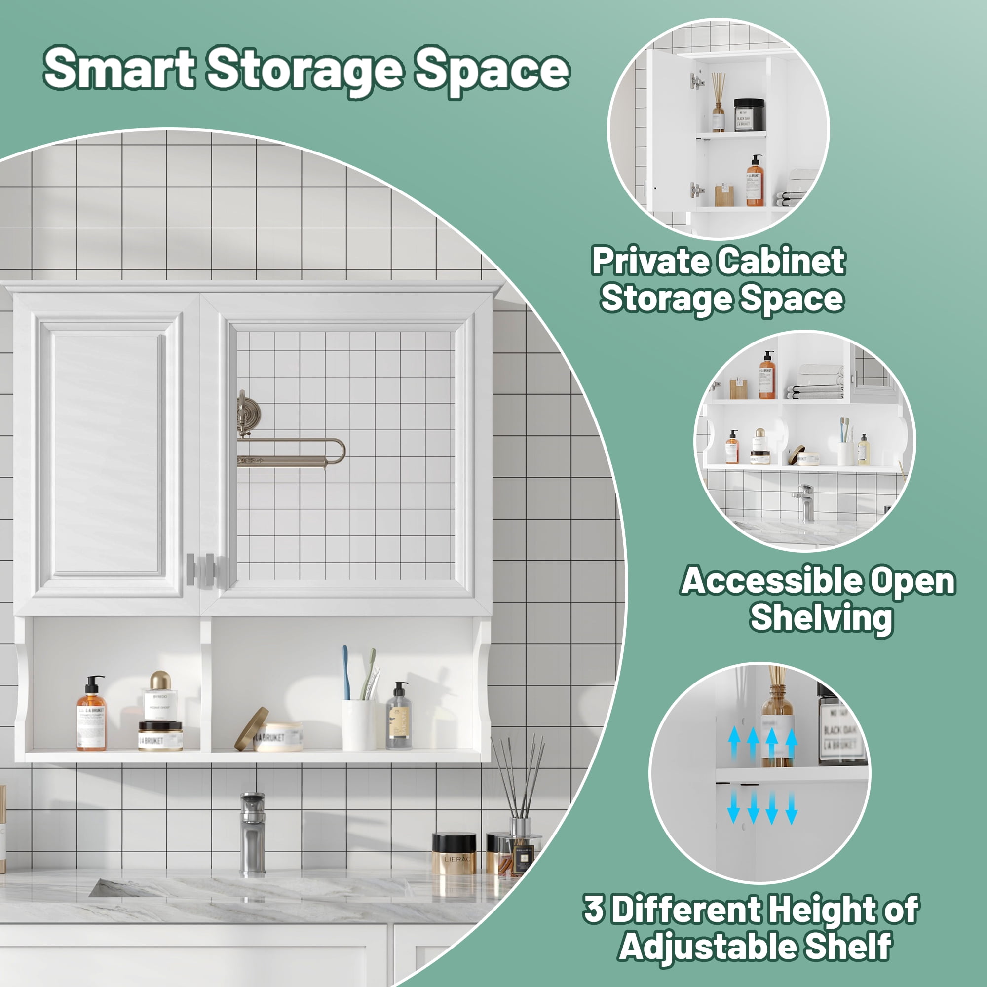 Euroco 30 Inch Mirror Medicine Cabinet with Open Shelves, Wall Mounted Home Storage with Doors & Mirror, Adjustable Shelf, Bathroom Storage Cabinet over Toilet