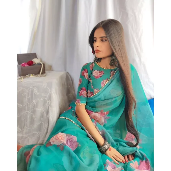 Sethi Trades Classy Georgette Printed Saree with Pearl Lace Border and Unstitched Blouse Piece, 5.5 Meters