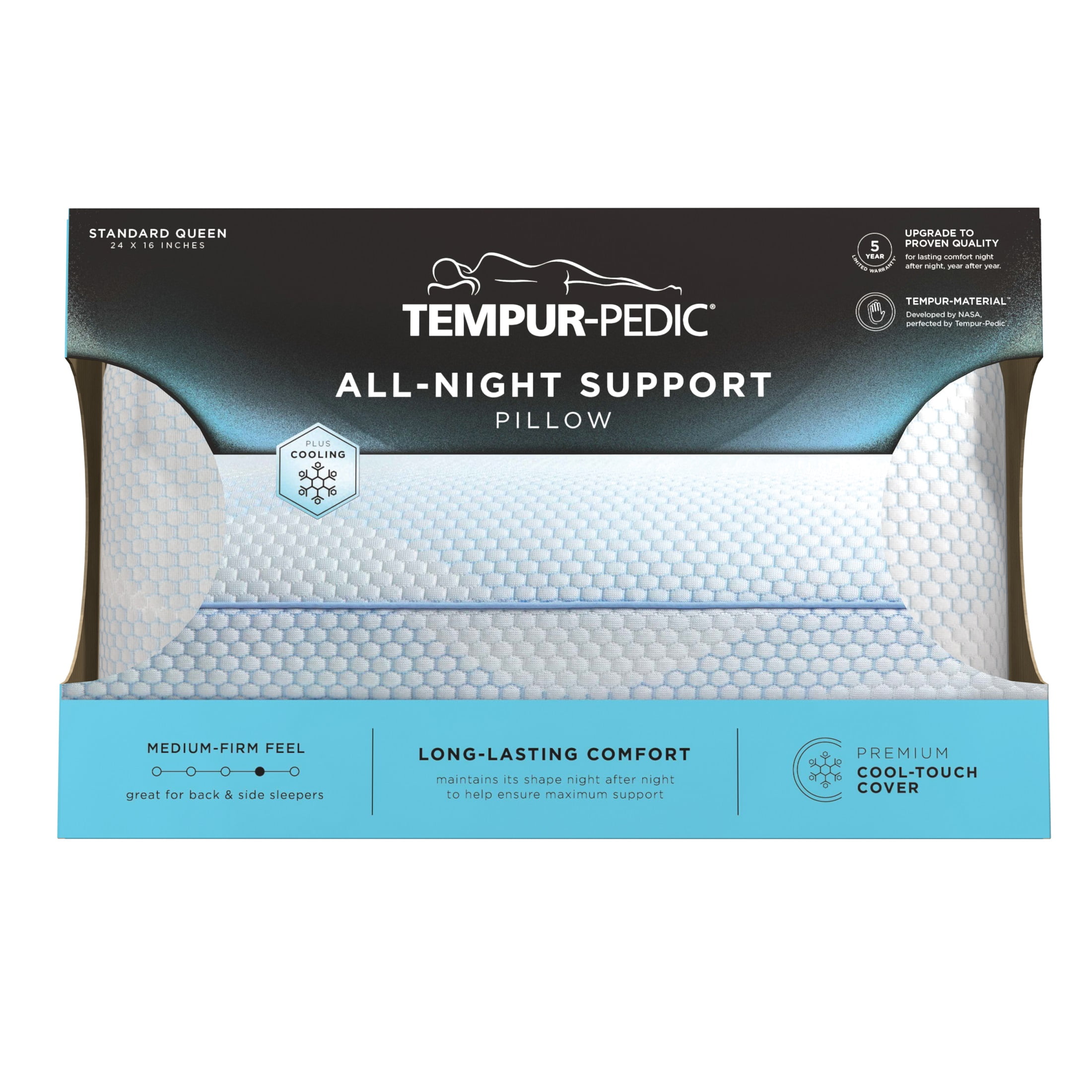 (2 pack) Tempur-Pedic All-Night Support Bed Pillow and Cooling, Pain-Relieving Support, Standard/Queen, Adult