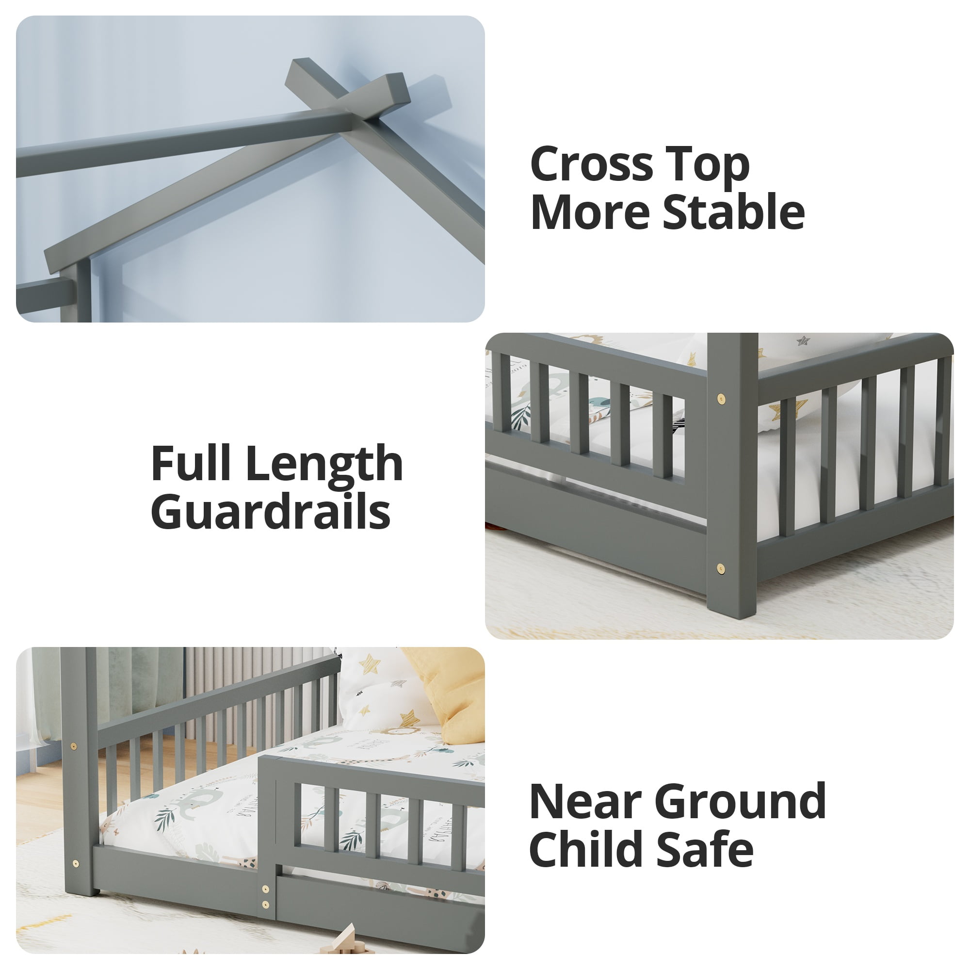 Full Floor Bed with Fence, Solid Wood House Bed with Roof, Montessori Bed Frame Playhouse Bed for Girls and Boys Bedroom, Easy Assembly, Gray
