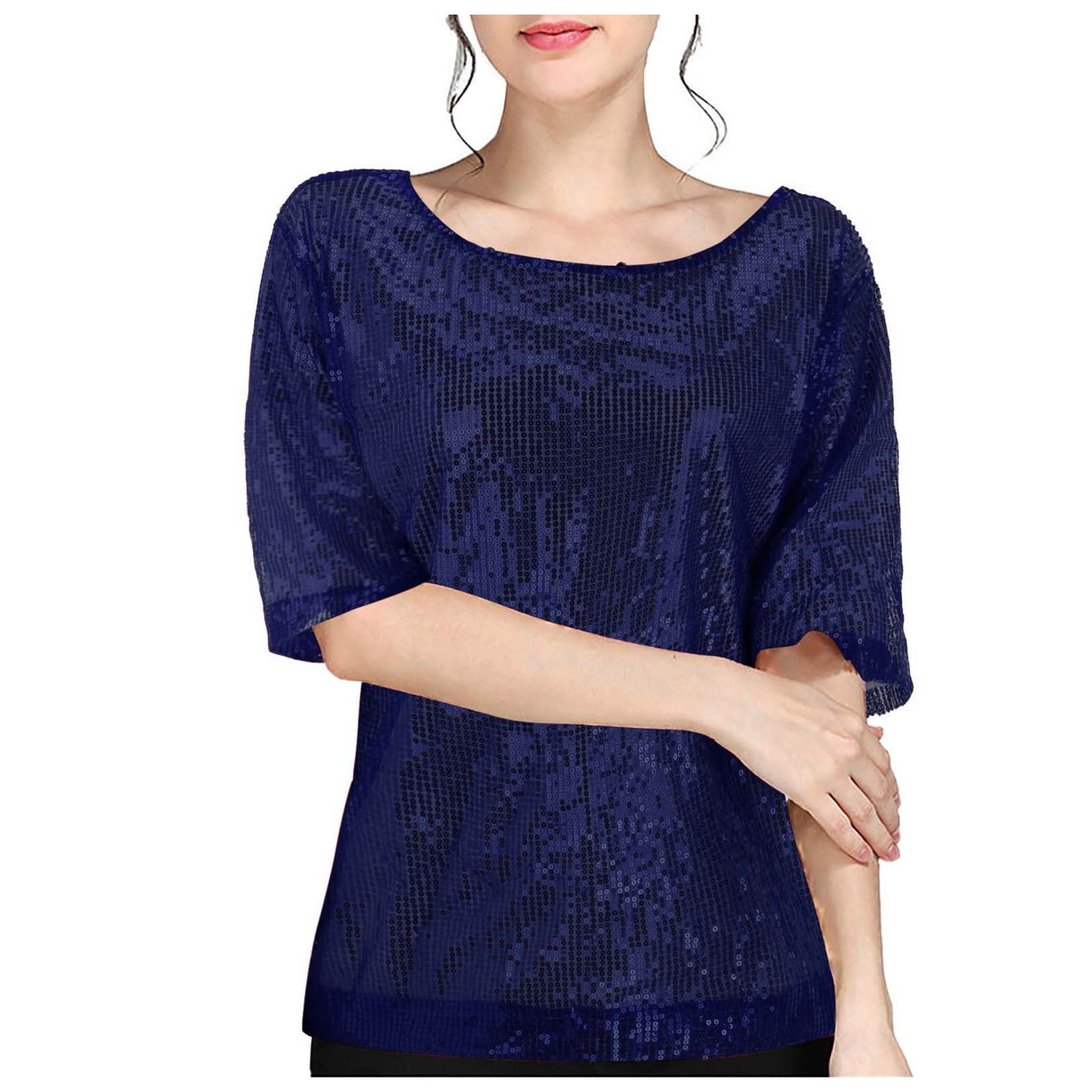 TSADFHJI T-Shirts pour Femmes Turquoise T-Shirt Décontracté Uni à Paillettes Col Rond Manches Courtes Top S Bleu Foncé