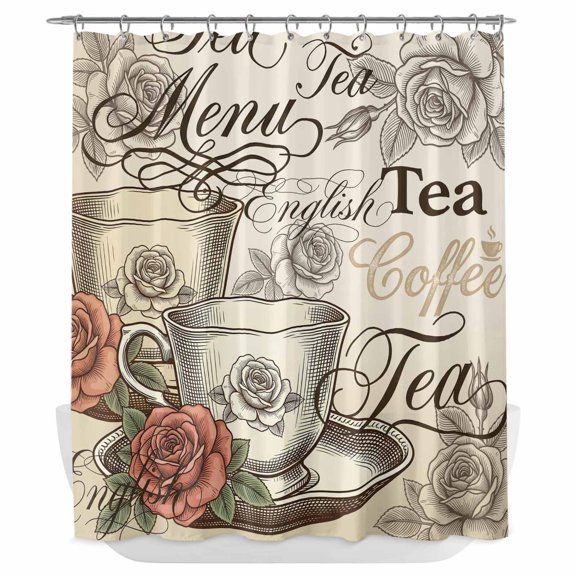 Coffee Tea Time Shower Curtain - Water Repellent Fabric Shower Curtains Washable, Vintage Cup Roses Floral Beige Decorative Polyester Cloth Bathroom Curtains Modern Bath Decor 72"x72"