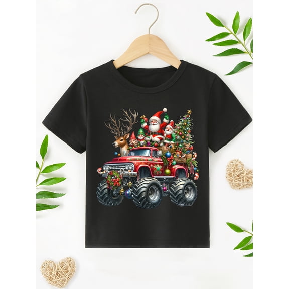 Christmas Boys T-Shirt Santa Claus In Red Truck 100% Cotton Short Sleeve Tees Gift For Kids