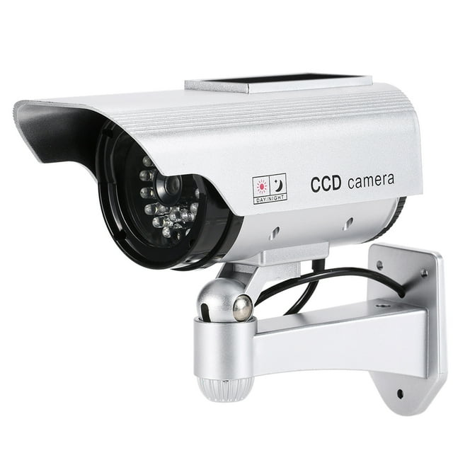 Cámara de seguridad solar falsa estilo pistola, color plata, con soporte ajustable 360° para disuasión de robos en interiores/exteriores, modelo SN-61