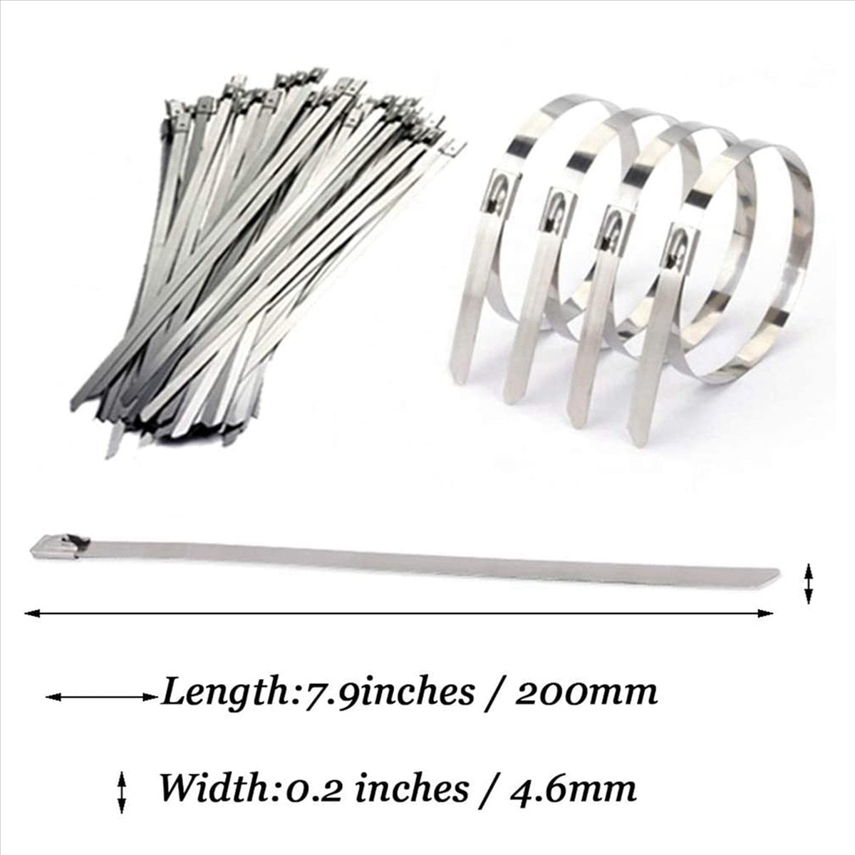 Stainless Steel , 300 Pcs 7.9 Inches Heavy Duty Self-Locking Cable Zip Ties, Metal Exhaust Wrap Locking Ties