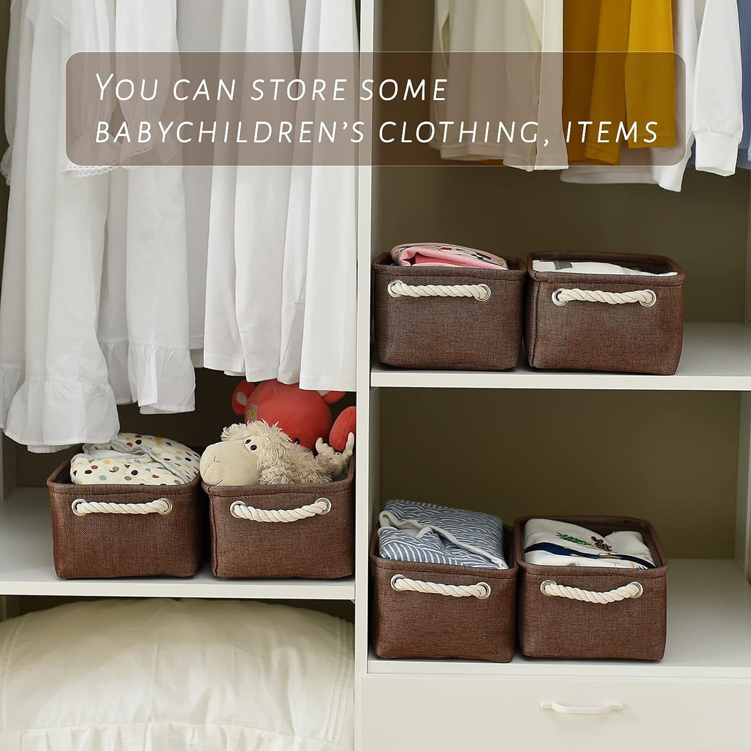 Tegance Small Storage Baskets for Shelves, Storage Cube Organizer, Storage Bins, 12 x 8 x 5 Inches, Rectangle Canvas Fabric Collapsible Shelf Box with Handles, Brown
