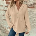 thumbnail image 2 of Hueook Women Sweatshirt Women's Casual Hooded Knitted Drawstring Button V-Neck Long Sleeve Pullover Casual Sports Sweatshirt Khaki S, 2 of 6
