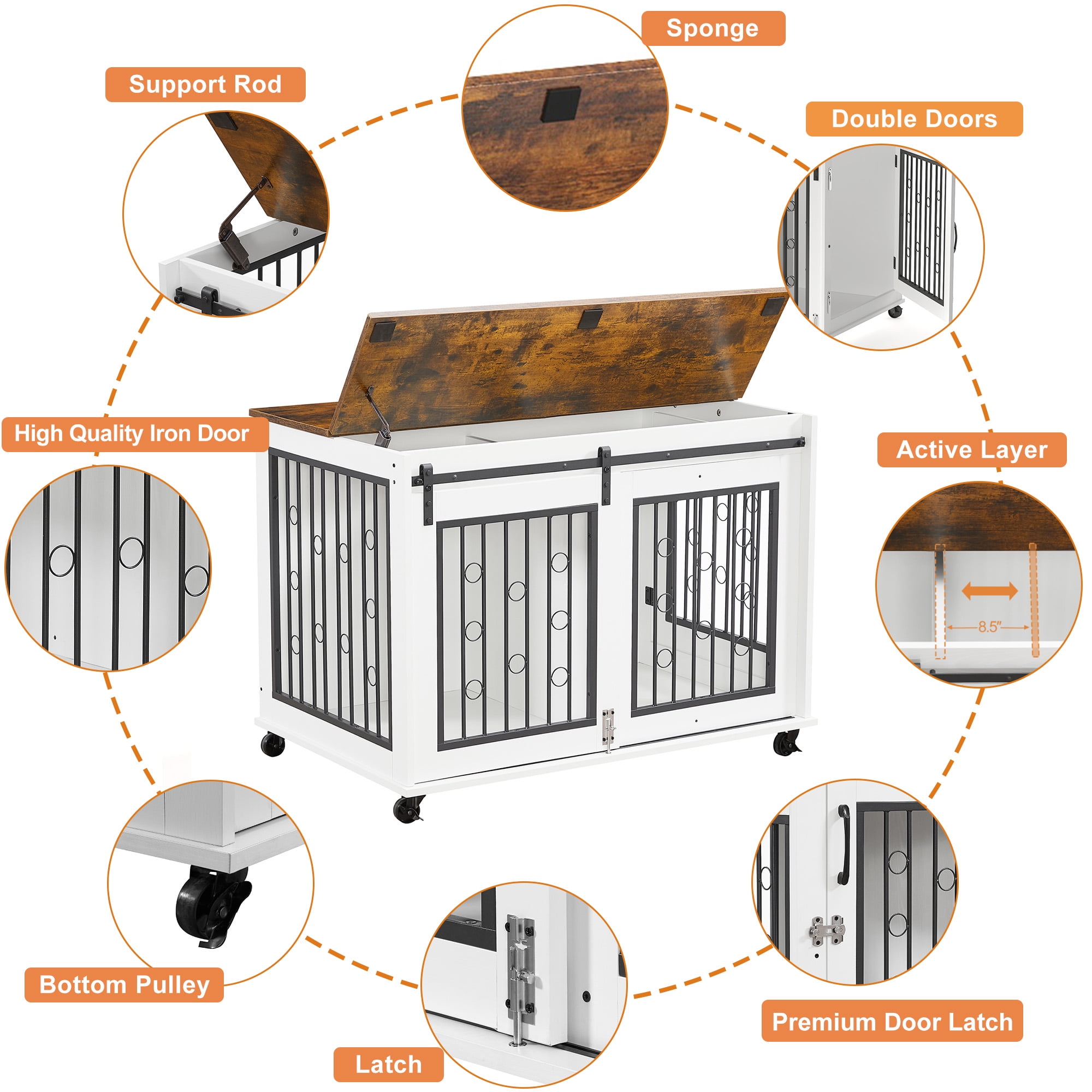 Pefilos 39" Sliding Door Dog Crate with Partition for Two Puppies, Furniture Style Dog Cage with Wheels, Brown Countertop Dog House Kennel for Indoor Dogs, White Pefilos 39" Sliding Door Dog Crate with Partition for Two Puppies, Furniture Style Dog Cage with Wheels, Brown Countertop Dog House Kennel for Indoor Dogs, White