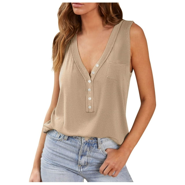 AherBiu Summer Tank Tops for Women Ribble Knit Half Button Deep V Neck Sleeveless Casual Shirts Blouse