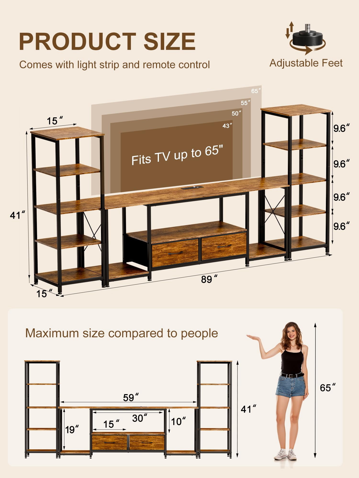 FEXIA TV Stand for TVs up to 65 Inch Entertainment Center with 2 Bookshelves Rustic Farmhouse Modern TV Console with 2 Fabric Drawers, LED Lights & Power Outlets for Living Room