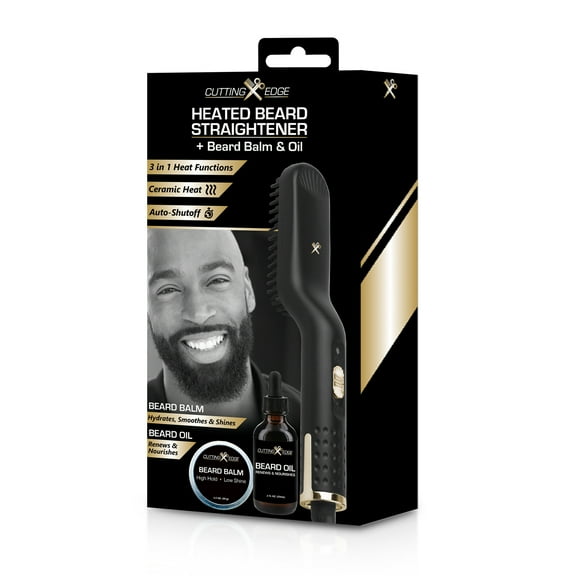 Cutting Edge Heated Beard Straightener Brush for Men, Includes Beard Oil & Beard Balm, Ceramic Heated Brush, Auto Shutoff, Beard Straightening Hot Comb Tool for Men