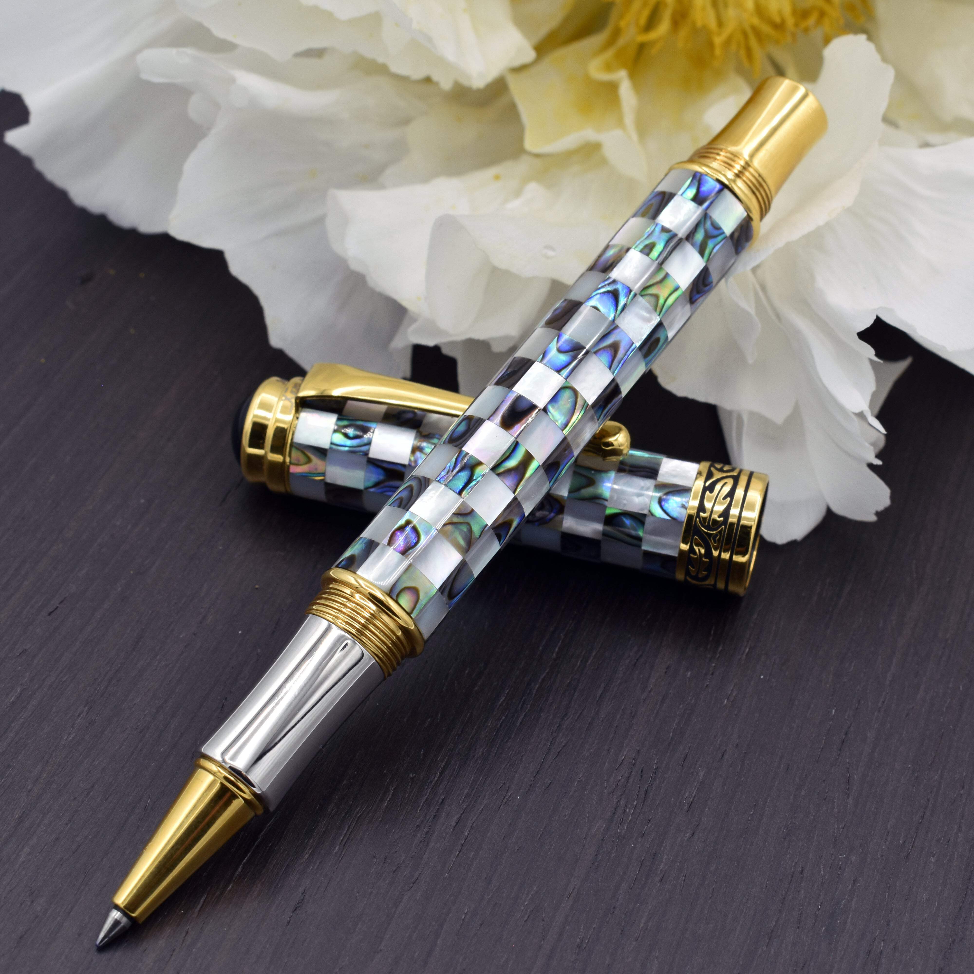 Xezo Xezo Maestro® Jubilee Classic of The Ocean Rollerball Pen - Paua Abalone  Oceanic White Mother of Pearl, 18K Gold Plated