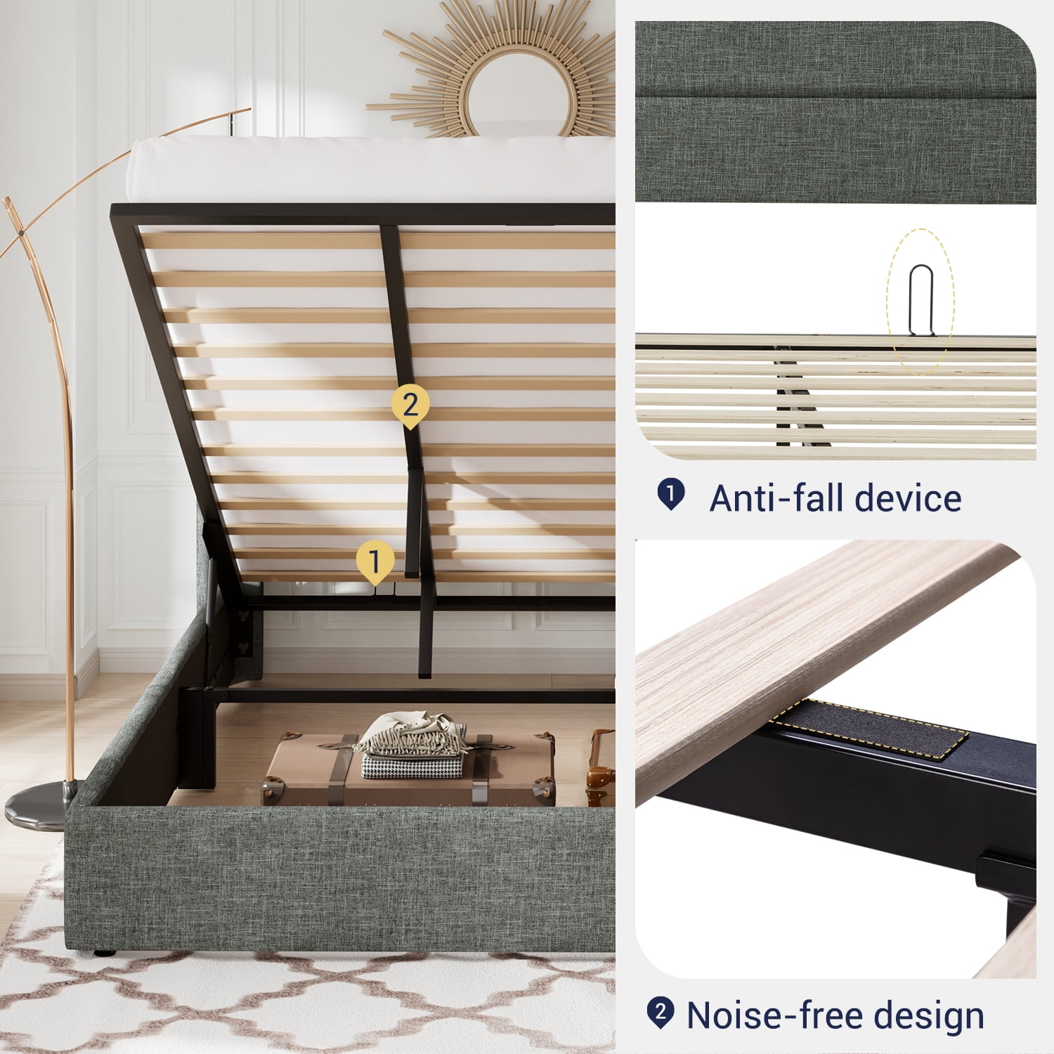 Allewie King Size Lift Up Platform Storage Bed Frame with Channel Wingback Headboard, Dark Grey