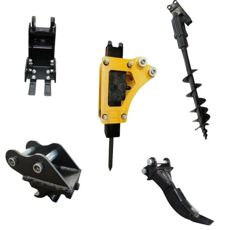 5-in-1 Mini Excavator TYPHON Attachment Kit with Quick Coupler, Steel Bucket, Ripper, Auger & Hammer