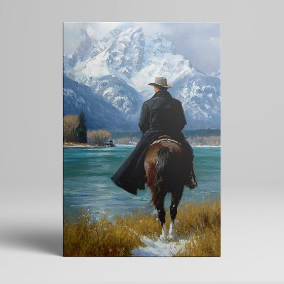 1pc Western - themed Canvas Painting of a Cowboy on Horseback Gazing at Snow - Capped Mountains by a Lake, framed Decor room hanging Wall Picture Decor for Home Gifts, living room, bathroom, bedroom,