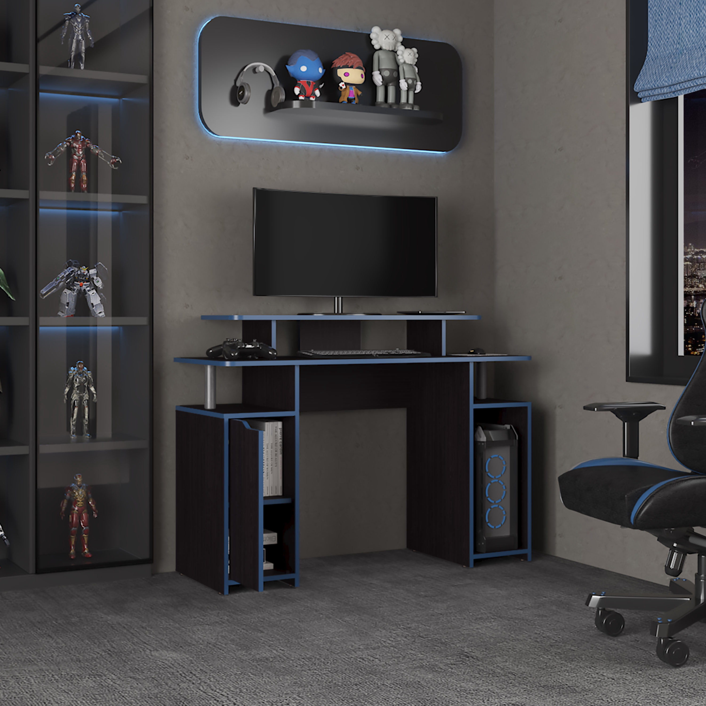 Astoutdoor 47" Wide 2-Tier Gamer Desk with Three Shelves and PC Tower Stand, Black