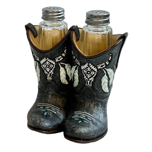 De Leon Collections 14047 Polyresin Western Black Boots with Native Cow Skull & Feathers Salt and Pepper Shaker Holder Set