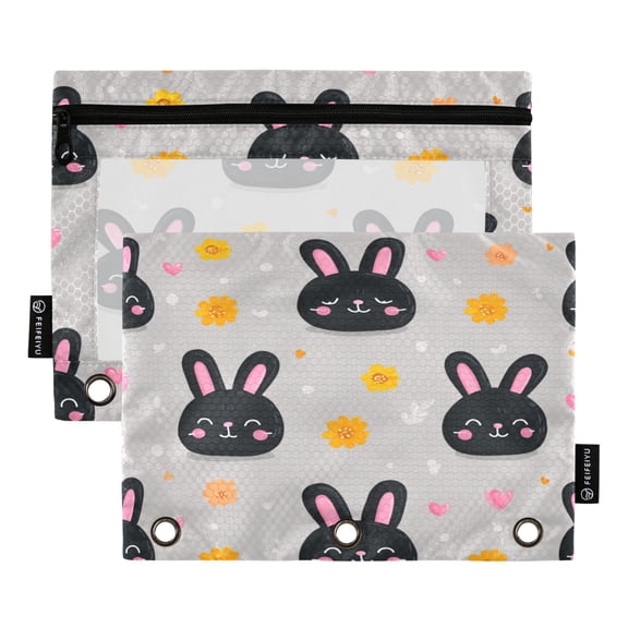 2 Pack 3 Ring Binder Pouch with Clear PVC Window Water Resistant Zipper Pencil Pouch Midnnight Buny Smile Binder Pocket for Classroom Office Home Stationery Organization