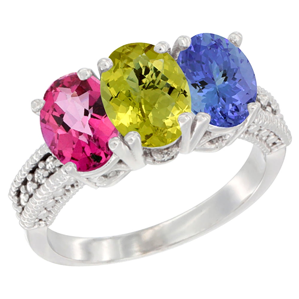 14K White Gold Natural Pink Topaz, Lemon Quartz & Tanzanite Ring 3-Stone 7x5 mm Oval Diamond Accent, sizes 5 10 by WorldJewels