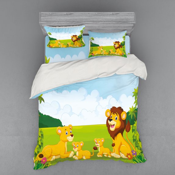 Ambesonne Cartoon Bedding Set 4 Pcs, Lion Family in Forest, Queen, Pale Blue Yellow and Green