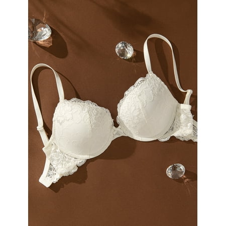Deyllo Women s Lace Push Up Padded Plunge Add Cups Underwire Lift Up Bra  Ivory 38A
