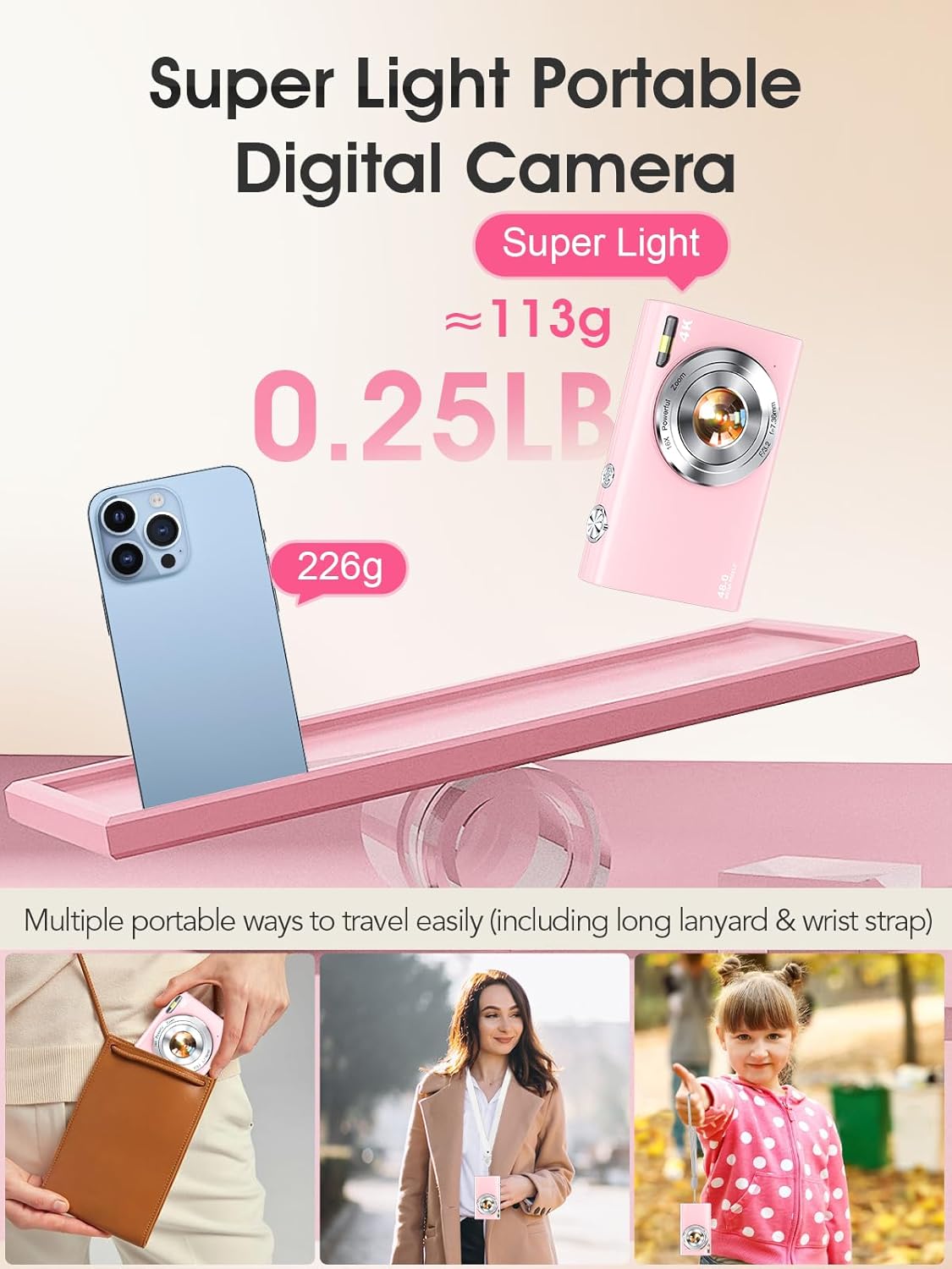 Digital Camera,Autofocus 4K Vlogging Camera for Photography with 32GB Card,48MP Portable Compact Point and Shoot Digital Camera for Teens Adult Beginner with 16X Zoom,Anti-Shake,2 Batteries(White)