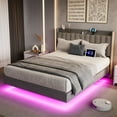 thumbnail image 3 of Full Size Floating Bed Frame with LED Lights, Upholstered Platform Bed Frame with Charging Station & Storage Headboard, 3 of 8
