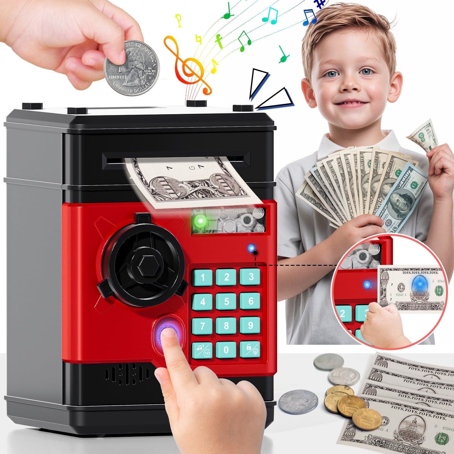 Piggy Banks for Kids, Money Bank with Fingerprint Recognition, Electronic Password Cash Coin Can ATM Bank with Auto Grab Bill Slot, Money Coin Saving Box for Kids, Perfect Gifts for Boys Girls, Red