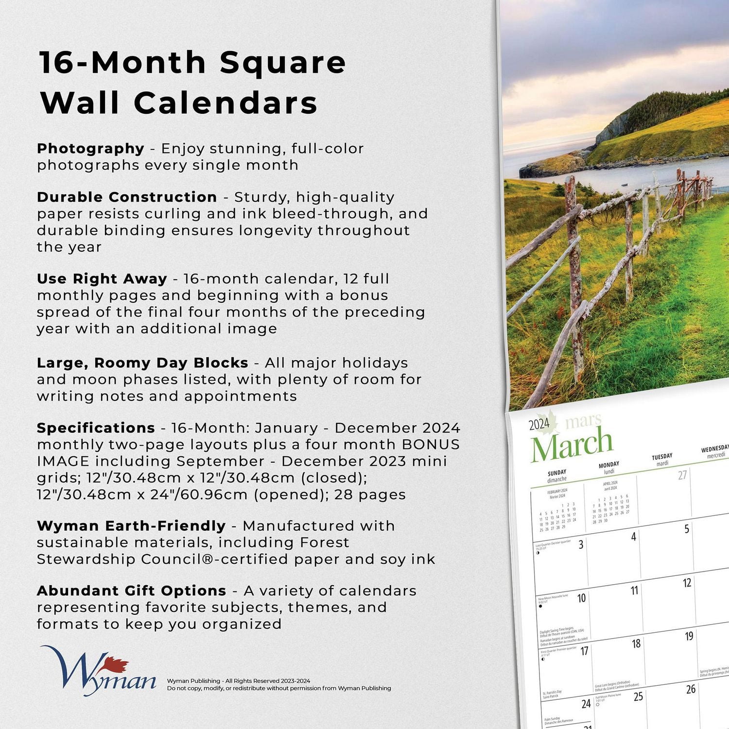 Wyman Publishing Canada's East Coast 2024 12x24 Inch Square Wall Calendar, 9781525611360