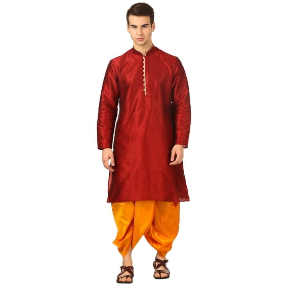 Mens Handmade Art Silk Loop Button Designer Kurta Dhoti Set/Mens Indian Sherwani