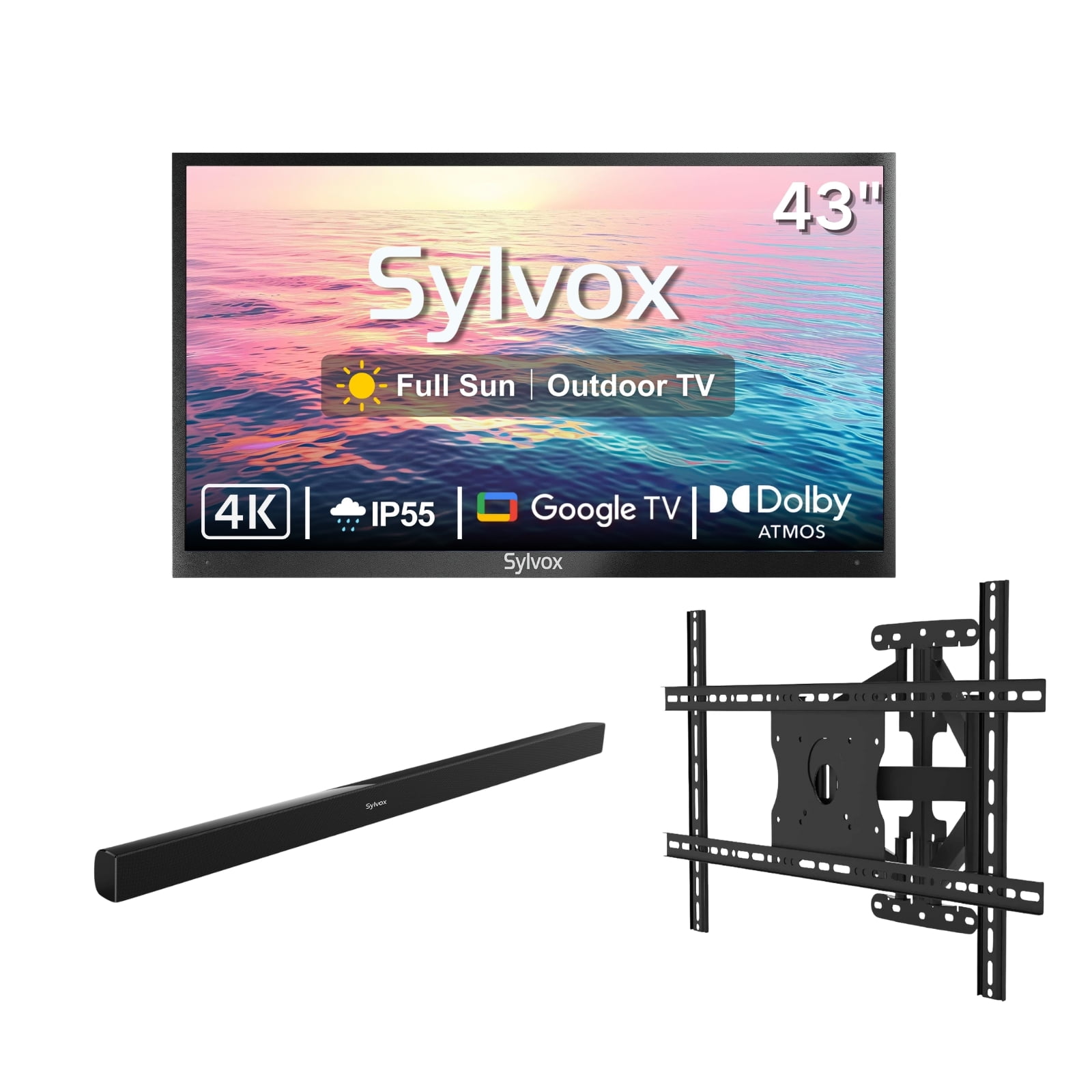 SYLVOX 43" Outdoor TV with Mount & Soundbar, IP55 Weatherproof Television, IP65 Waterproof Speaker, 4K UHD Google TV for Full Sun(Pool Pro 2.0)