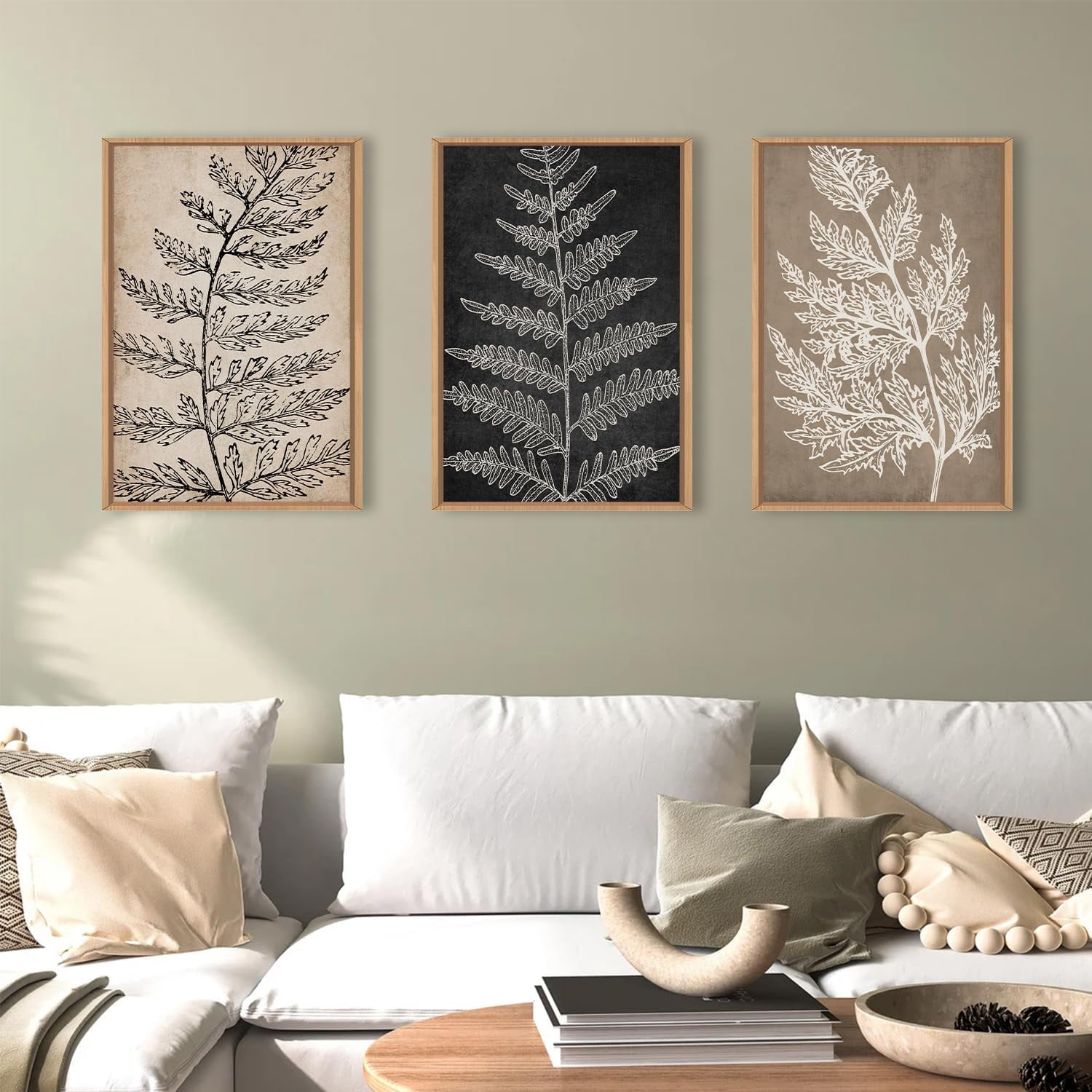 Framed Botanical Wall Art Set, Black Tan Canvas Plant Wall Decor, Minimalist Wall Painting, Abstact Modern Fern Leaf Artwork for Living Room, Bedroom, Farmhouse, Dinning Room, Office-16 x24 x3
