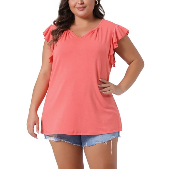 Agnes Orinda Women's Plus Size Tops Summer Notched V Neck Ruffle Sleeve Casual Blouse 1X Orange