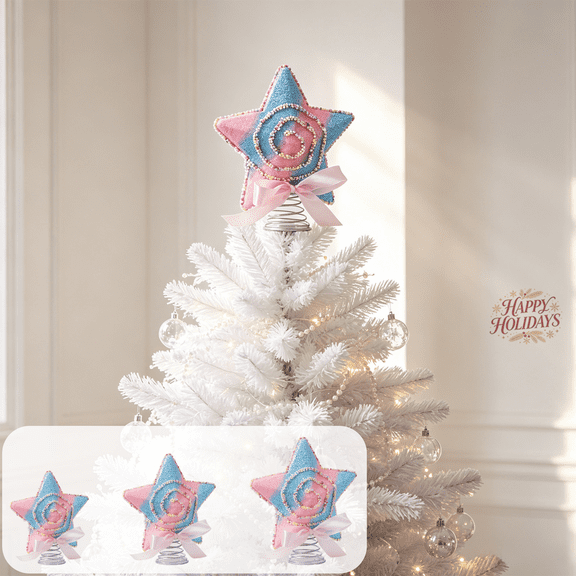 Macaron Star Christmas Tree Topper, Pastel Five Pointed Tree Top Star with Bow, Candy Color Xmas Star Ornament for White Christmas Tree, Bedroom, Party, Farmhouse Indoor Holiday Home Decoration